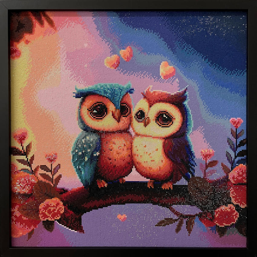 Diamond Painting Deutschland - Diamond Painting picture, pair of owls,  angular stones, 50x50cm, full image