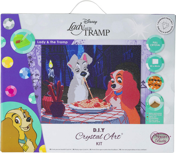 Diamond Painting Deutschland - Crystal Art Kit, stretched on wooden frame,  Disney, Lady & the Tramp round stones, approx. 50x40cm, full size picture.