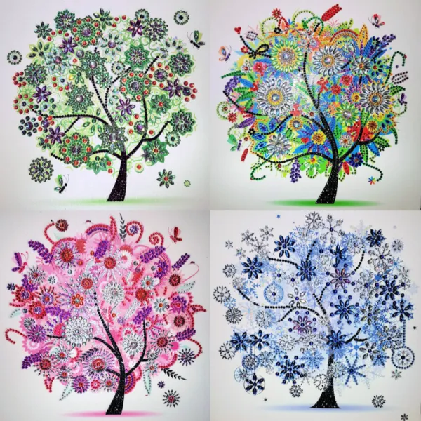 Diamond Painting Bilder, Jahreszeiten Baum - Set, 25x25cm, Strass-Steine, Teilbilder, gut für Anfänger geeignet