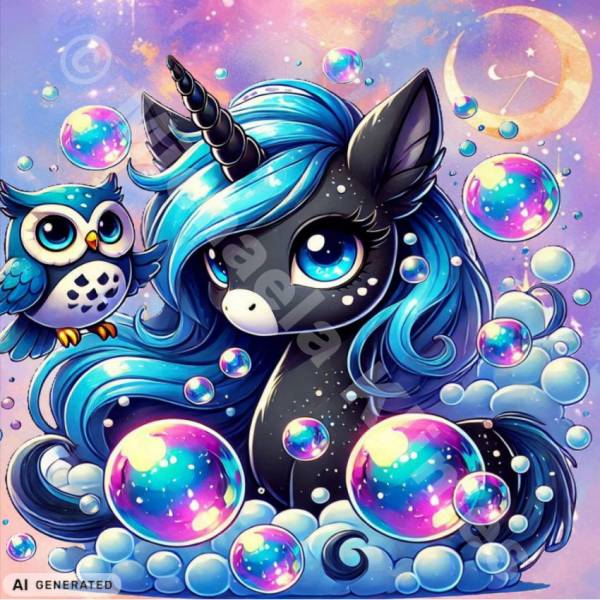Michaela Klimes, Bubble Unicorn, 50x50cm, 50 Farben inkl. AB & Feensteine, eckige Steine, Vollbild