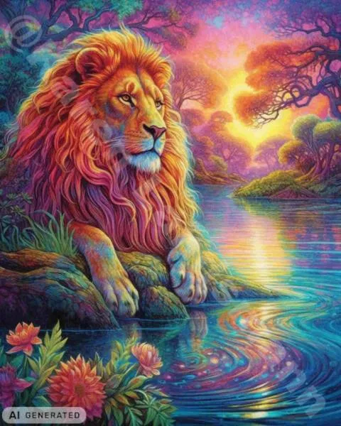 Diamond Painting picture, Colourful lion, 70x90cm, 70 colours, round stones, full picture