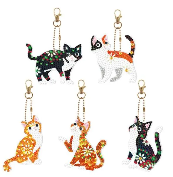 Schlüsselanhänger-Set, bestehend aus 5 Anhängern, Motiv Katze, Painting-Set komplett mit Strass Steine