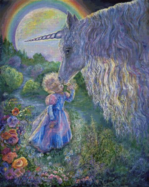 Josephine Wall, Unicorn Kiss, 100x80cm, 225 Farben, runde Steine, Vollbild
