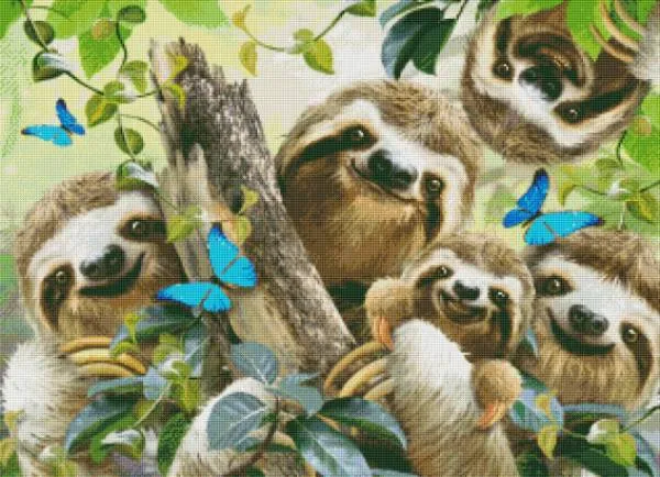 Howard Robinson, Sloth Selfie, 90x65cm, 60 Farben, runde Steine, Vollbild