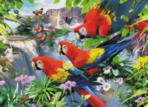 Howard Robinson, Flight of the Macaw, 90x65cm, 70 Farben, runde Steine, Vollbild