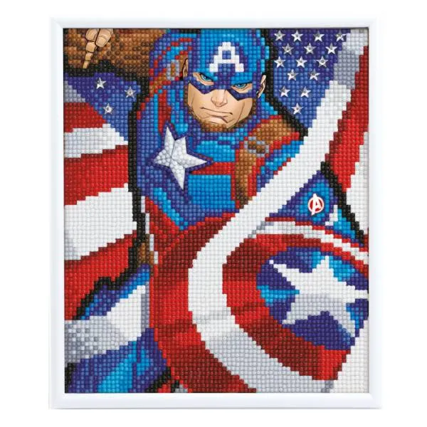 Diamond Painting Bild mit weißem Bilderrahmen, Captain America, 21x25cm, runde Steine, Teilbild