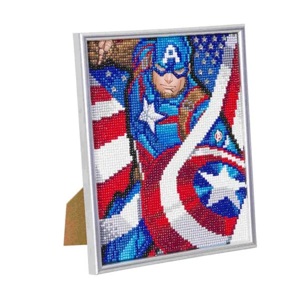 Diamond Painting Bild mit weißem Bilderrahmen, Captain America, 21x25cm, runde Steine, Teilbild