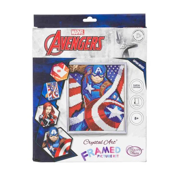 Diamond Painting Bild mit weißem Bilderrahmen, Captain America, 21x25cm, runde Steine, Teilbild