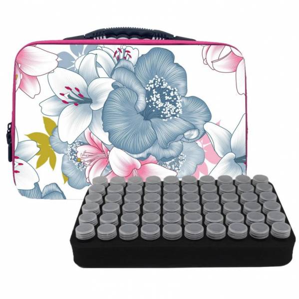 Sortierkoffer, 60 Döschen mit Drehverschluss, Koffer pink mit Blumen