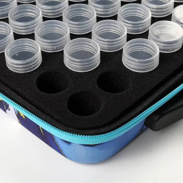 Sorting case, 60 jars with screw cap, blue patterned case