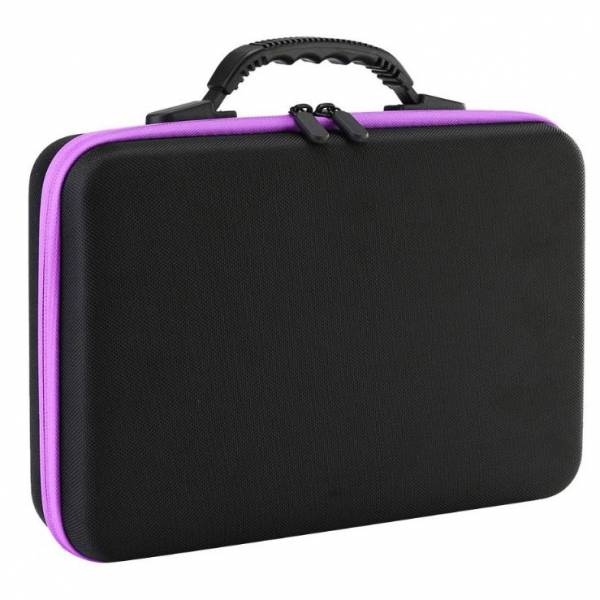 Sorting case, black case with purple rim, contents 60 screw cap jars.