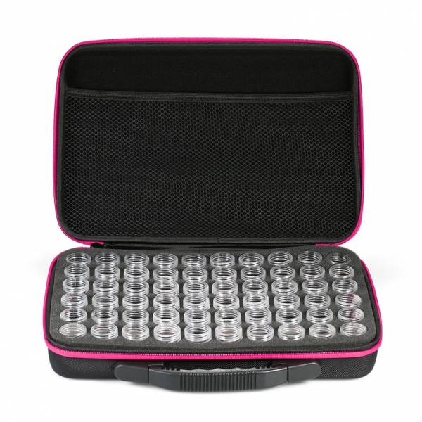 Sorting case, black case with purple rim, contents 60 screw cap jars.