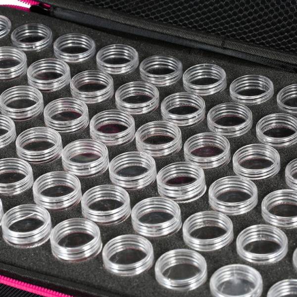 Sorting case, black case with purple rim, contents 60 screw cap jars.