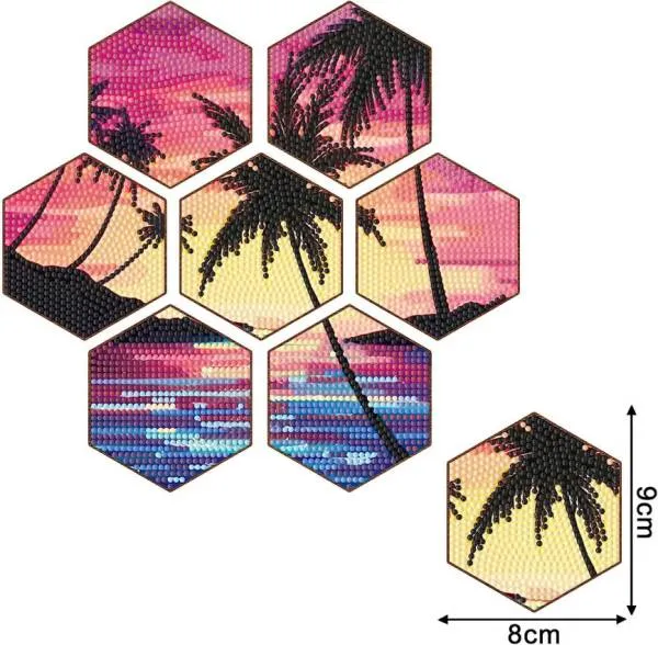 Coasters, 7 pieces with storage rack, Palm beach on plywood board, round