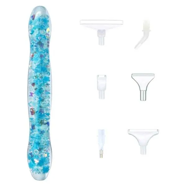 Pen for Diamond Painting curved, Glow in the dark blue, with multiple attachments, wax required