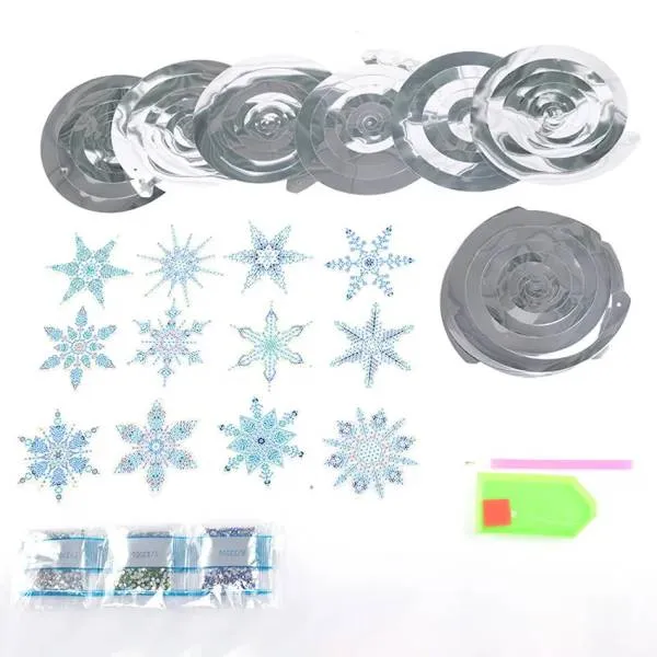 Hanging snowflakes, set of 12 pieces for painting, round rhinestones