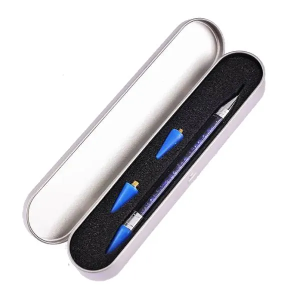 Pen with metal box for Diamond Painting, blue, thin metal tip & wax attachment