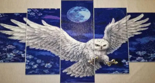 Diamond Painting Bild, Eule, 5 teilig,  2 x 20x38cm, 2 x 20x43cm, 1 x 20x49,5cm, 50 Farben, runde Steine, Vollbild