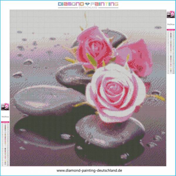 Vorlage (ohne Steine) rosa Rosen mit Stein, 50x50cm, 35 Farben, für eckige Steine, Vollbild