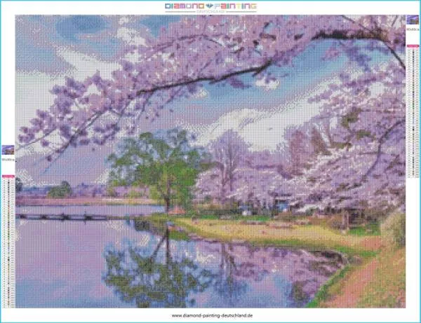 Diamond Painting picture, cherry blossoms by the lake, 80x60cm, 55 colors, square stones, full image