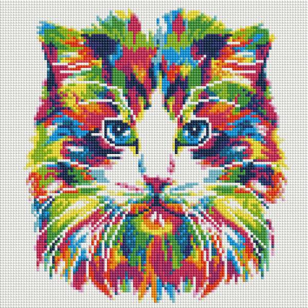 Diamond Painting Bild, bunte Katze, eckige Steinchen, 30x30cm, 20 Farben, Vollbild
