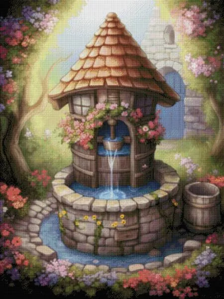 Diamond Painting Bild, Wunschbrunnen, 75x100cm, 70 Farben, eckige Steine, Vollbild