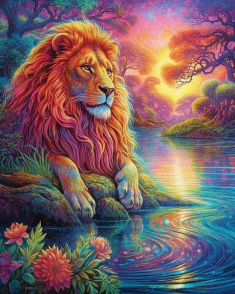Diamond Painting Bild, Farbenfroher Löwe, runde Steinchen, 70x90cm, 70 Farben, Vollbild