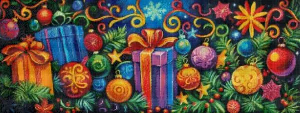 Diamond Painting Bild, Weihnachtsmotiv Geschenke, 80x30cm, 45 Farben, eckige Steine, Vollbild