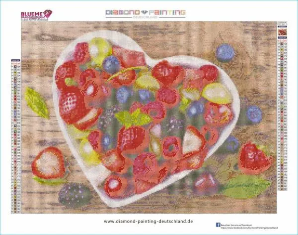 Diamond Painting Bild, Obstherz, 60x45cm, 50 Farben, eckige Steine, Vollbild