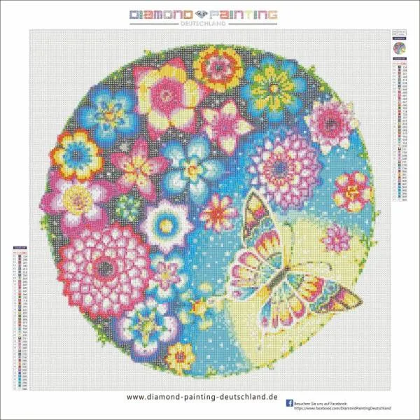 Blumen mit Schmetterling, 50x50cm, 43 Farben, eckige Steine, Vollbild