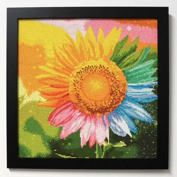 Diamond Painting Bild, Regenbogen-Sonnenblume, eckige Steinchen, 40x40cm, 37 Farben, Vollbild