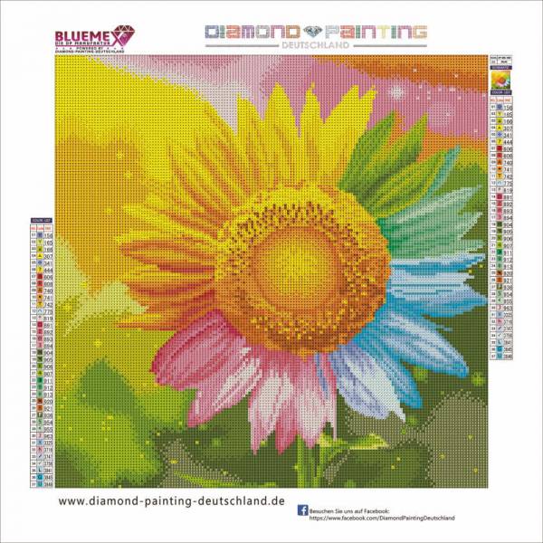 Diamond Painting Bild, Regenbogen-Sonnenblume, eckige Steinchen, 40x40cm, 37 Farben, Vollbild
