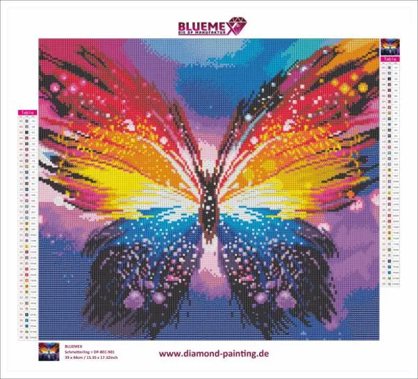 Diamond Painting Bild, Schmetterling, 39x44cm, 39 Farben incl. 19 AB, eckige Steine, Vollbild