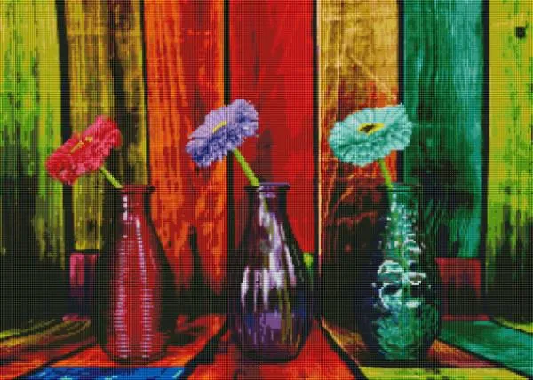 Diamond Painting Bild, Farbenfrohe Vasen, 70x50cm, 60 Farben inkl. 5 AB, eckige Steine, Vollbild