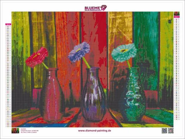 Diamond Painting Bild, Farbenfrohe Vasen, 70x50cm, 60 Farben inkl. 5 AB, eckige Steine, Vollbild