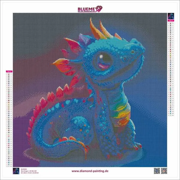 Diamond Painting Bild, blaues Drachenbaby, 60x60cm, 50 Farben, eckige Steine, Vollbild