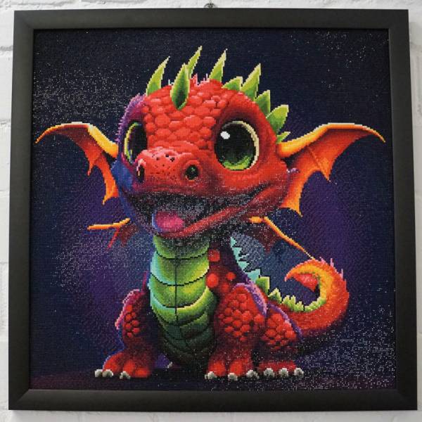 Diamond Painting Bild, rotes Drachenbaby, runde Steinchen, 55 Farben, 60x60cm, Vollbild