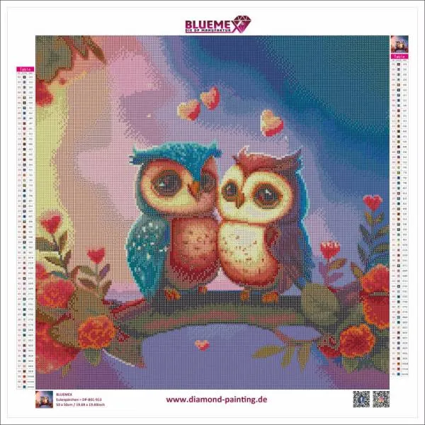 Diamond Painting Bild, Eulenpaar, 50x50cm, 61 Farben inkl. 3 AB, eckige Steine, Vollbild