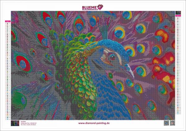 Diamond Painting Bild, Edler Pfau, eckige Steinchen, 50x75cm, 61 Farben inkl. 5 AB, Vollbild
