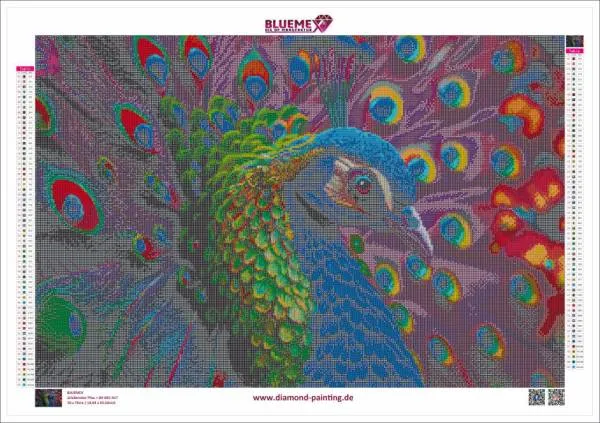 Diamond Painting Bild, Edler Pfau, 75x50cm, 61 Farben inkl. 5 AB, eckige Steine, Vollbild