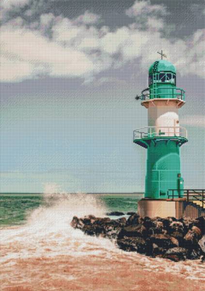 Diamond Painting Bild, Leuchtturm Warnemünde, eckige Steinchen, 60x85cm, 55 Farben, Vollbild