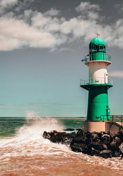 Diamond Painting Bild, Leuchtturm Warnemünde, runde Steinchen, 60x85cm, 55 Farben, Vollbild