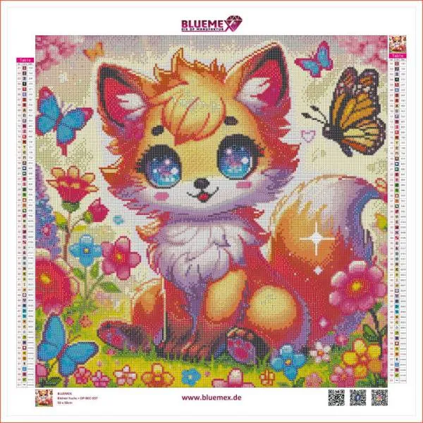Michaela Klimes, Kleiner Fuchs, 50x50cm, 61 Farben inkl. AB & Feensteine, eckige Steine, Vollbild