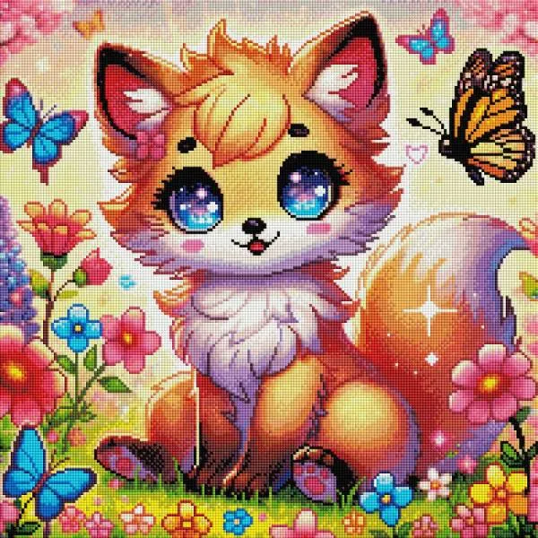 Michaela Klimes, Kleiner Fuchs, 50x50cm, 61 Farben inkl. AB & Feensteine, eckige Steine, Vollbild