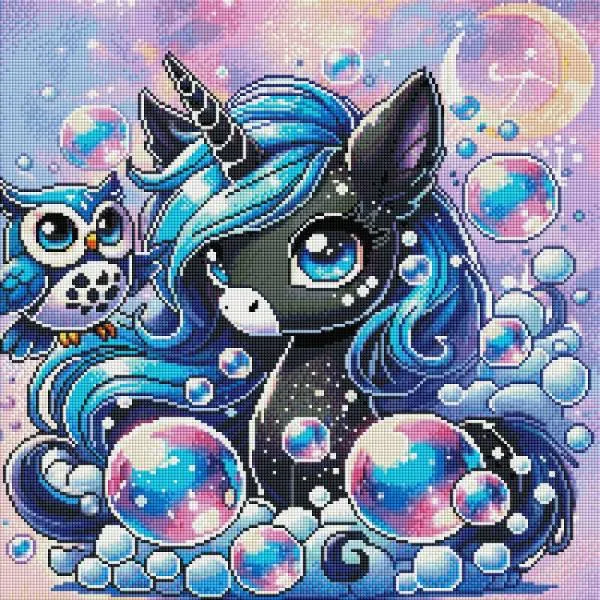 Michaela Klimes, Bubble Unicorn, 50x50cm, 50 Farben inkl. AB & Feensteine, eckige Steine, Vollbild