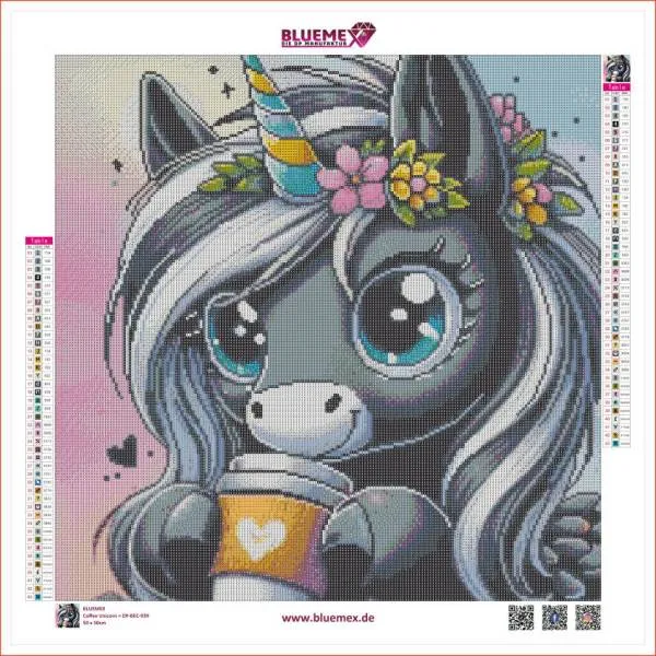 Michaela Klimes, Coffee Unicorn, 50x50cm, 43 Farben inkl. AB & Feensteine, eckige Steine, Vollbild