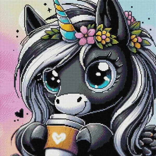 Michaela Klimes, Coffee Unicorn, 50x50cm, 43 Farben inkl. AB & Feensteine, eckige Steine, Vollbild