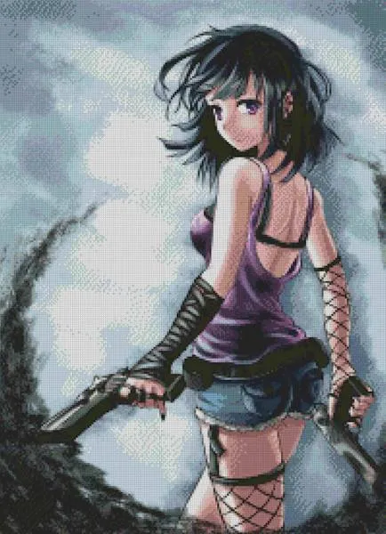 DrakeTurtle, Gun Girl, 50x70cm, 55 Colours, Round Stones, Full Image