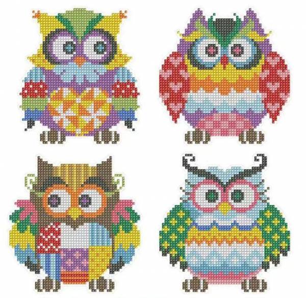 Sticker-Set, bestehend aus 4 Aufklebern je ca. 12x13cm, Motiv Eule, Painting-Set komplett mit eckigen Steinchen