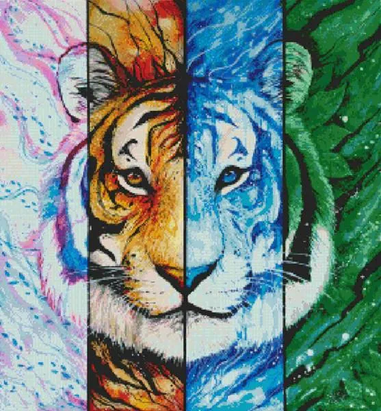 Jonna Hyttinen, Element Tiger, Einteiler, 70x75cm, 100 Farben, eckige Steine, Vollbild